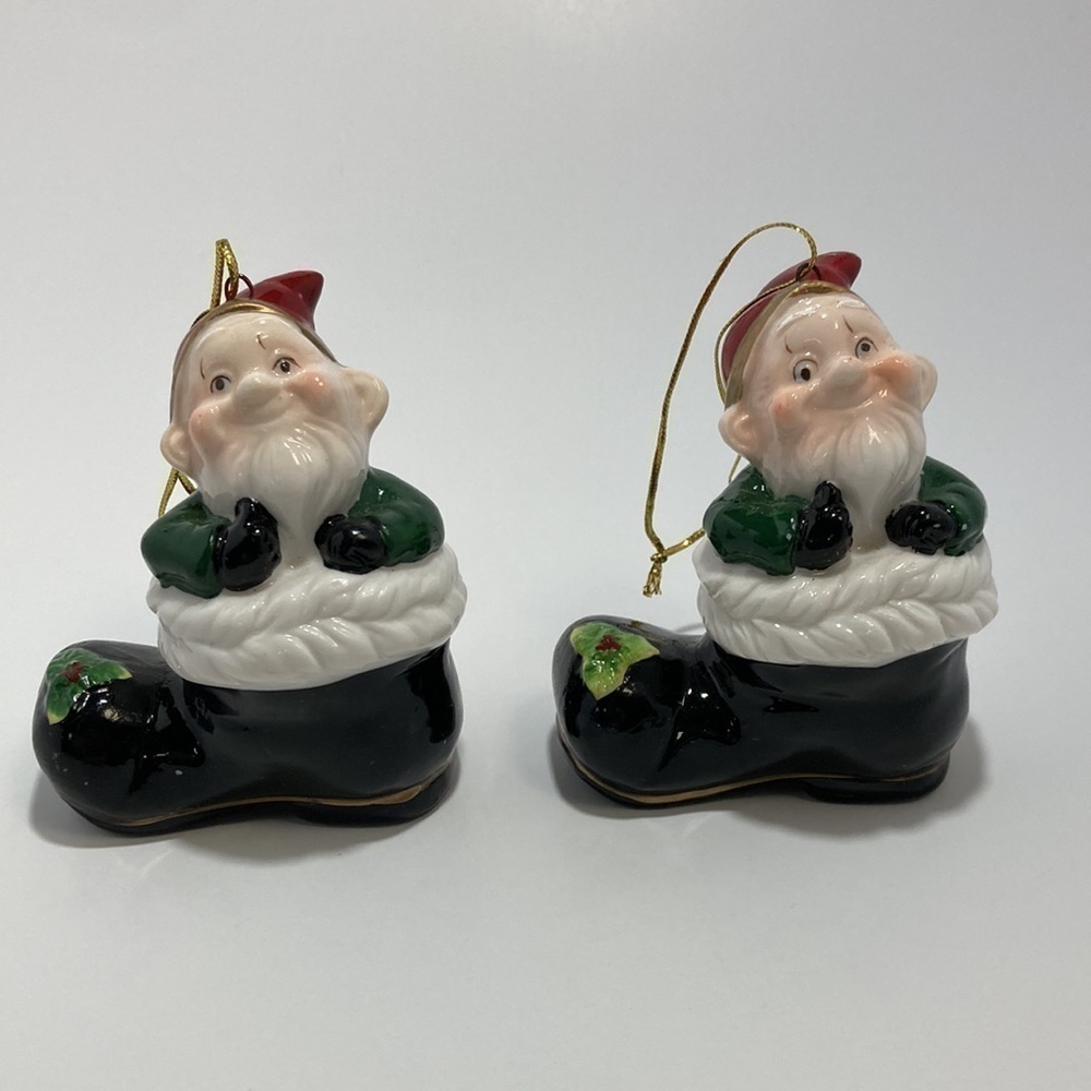 Elf Santa in a Boot Ceramic Ornament Vintage